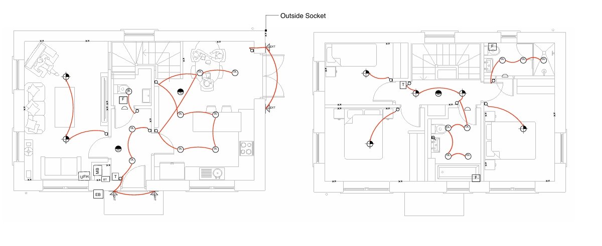 Genuine electrical drawing supplied to BRO Electrical for a residential project, showing floor plans and circuit layout