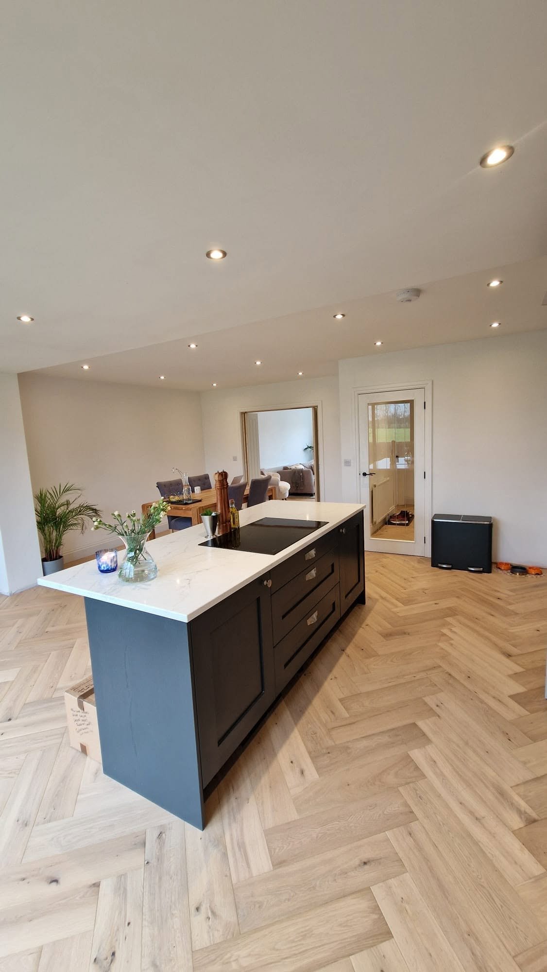 Kitchen island lighting and downlights, Boston Spa bungalow to two-storey conversion.