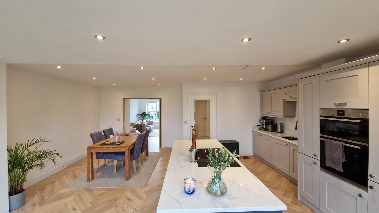 Wide open-plan kitchen, dining and living space with downlighting, bungalow to two-storey conversion, Boston Spa.