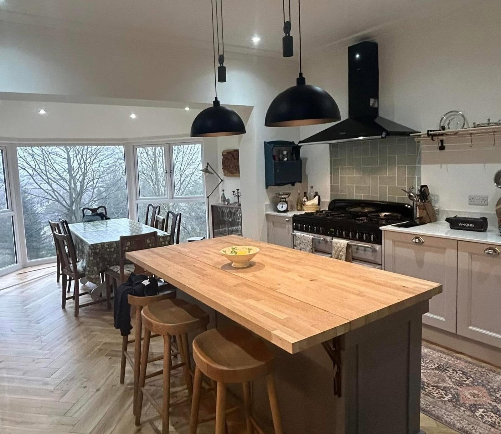 Kitchen and dining area with pendant lighting and downlights as part of a full house rewire in Yeadon, Leeds.