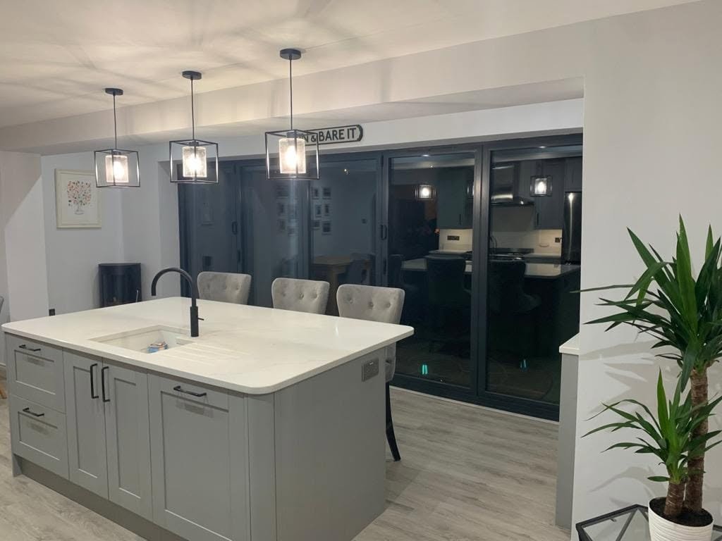 Kitchen island and dining area electrical installation in a Wakefield kitchen extension.