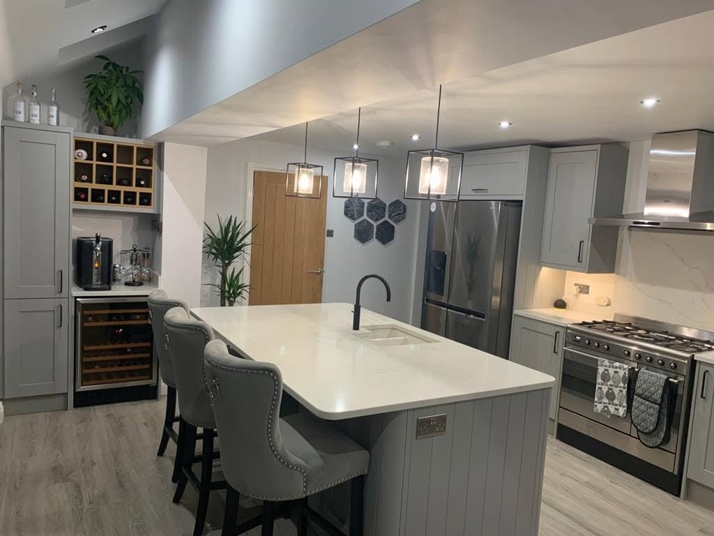 Kitchen island with pendant lighting, downlights and range cooker electrics, Wakefield extension.